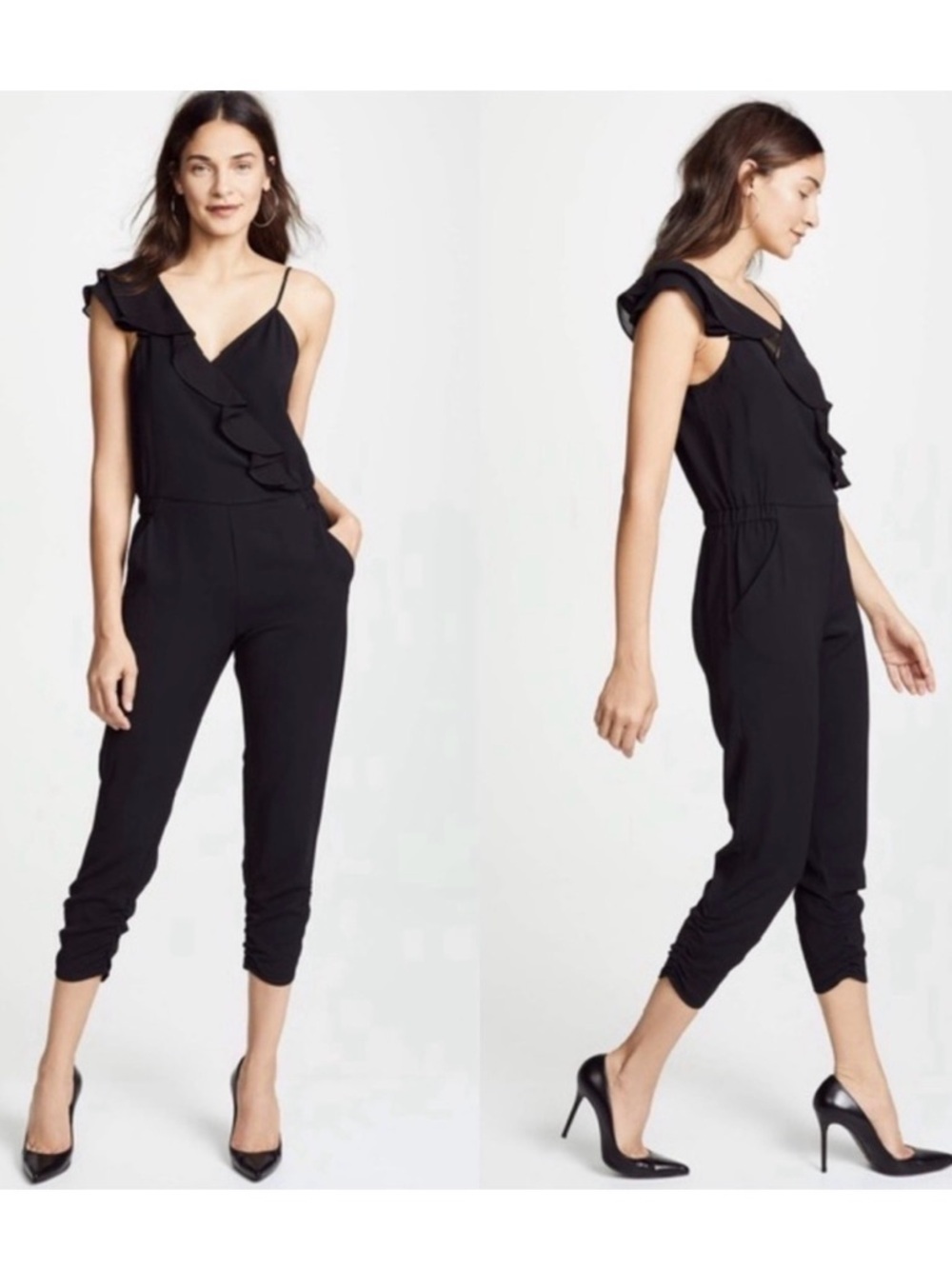 Parker Addison Black Asymmetrical Ruffle Jumpsuit Size 2 Silk Trim
